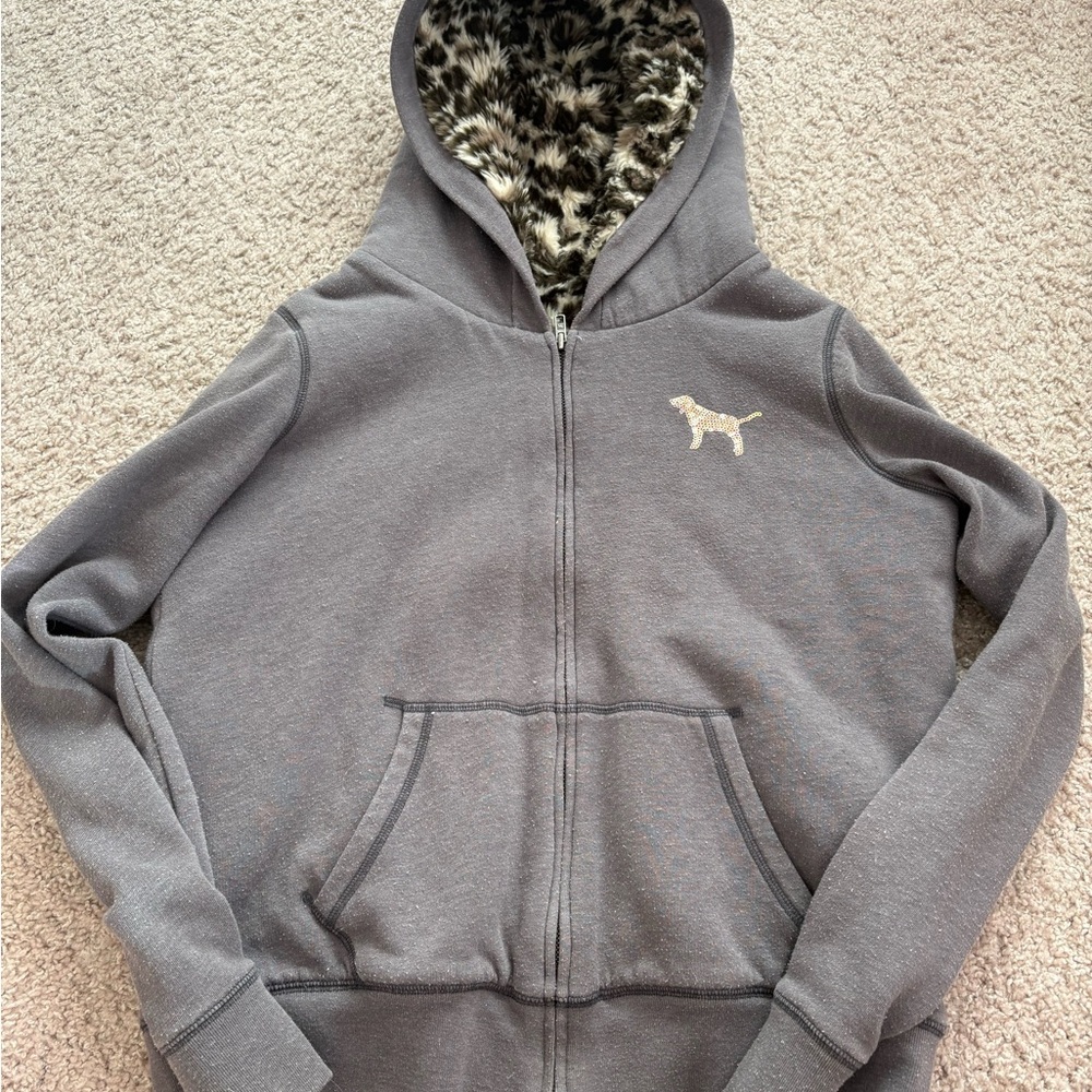 PINK Gray Hoodie with sequin detail and Animal Print Lining